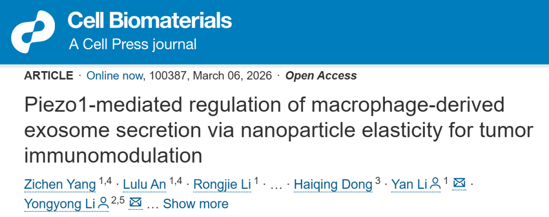 Cell Biomaterials | 十大滚球体育app官网李永勇/李艳团队揭示纳米力学调控巨噬细胞来源外泌体分泌机制与免疫重编程